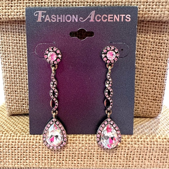 NWT Fashion Accents Earrings antique gold tone w/ clear jewels & rhinestones - Picture 1 of 6